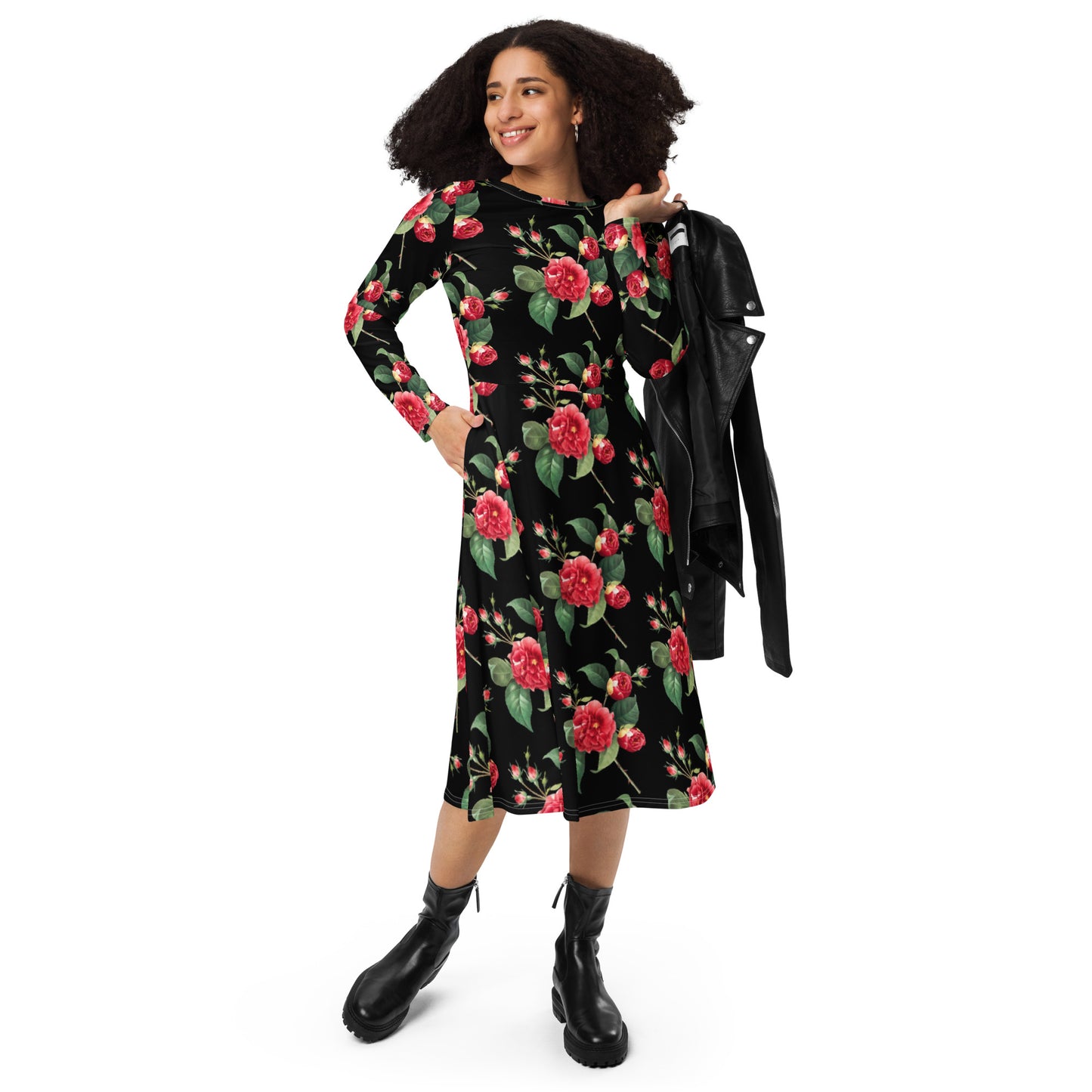 Vestido midi con manga larga rosas